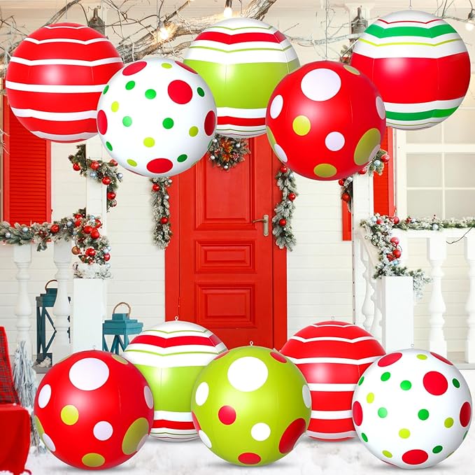 12 Pcs 24/16 Inch Giant PVC Christmas Inflatable Ball Outdoor Blow up Xmas Inflatables Ornaments Giant PVC Christmas Ornaments for Tree Yards Lawns Porch Garden Front Doors Holiday Decor(16 Inch)