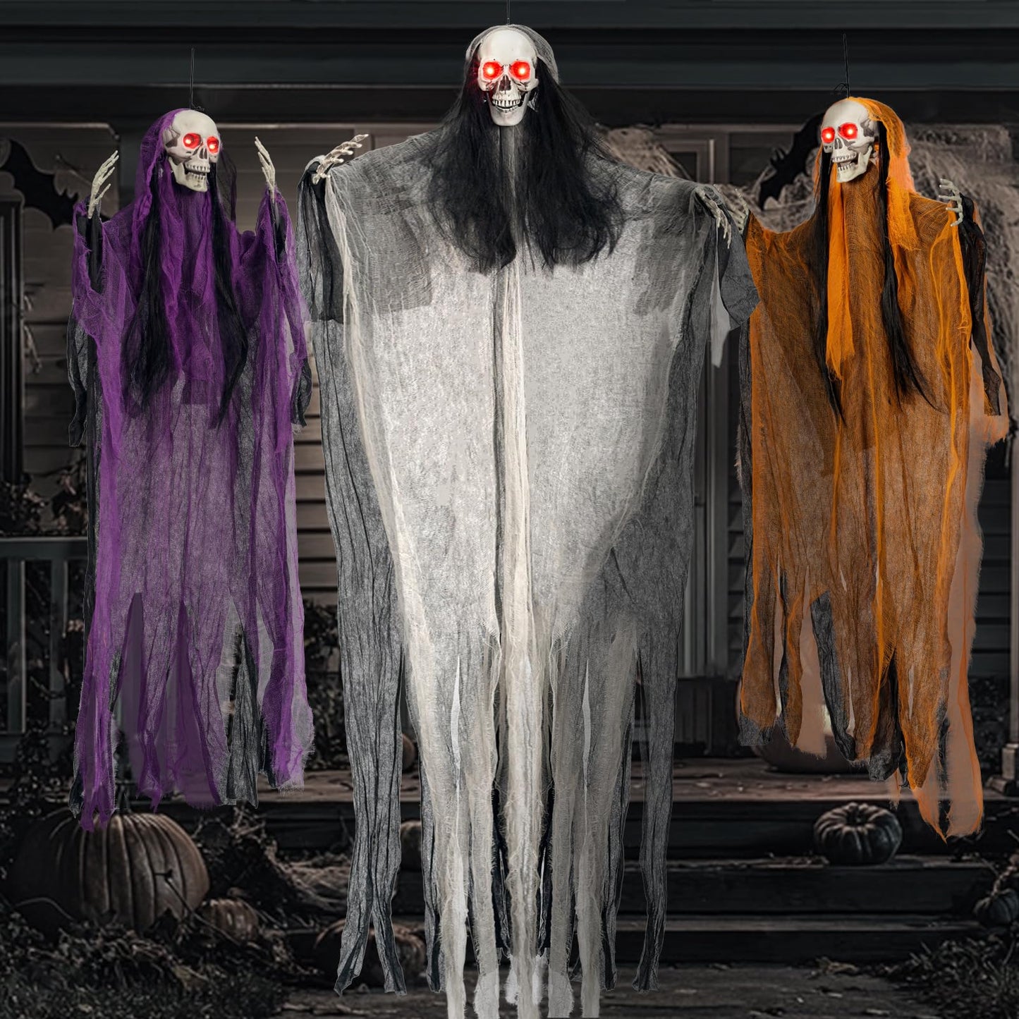 Halloween Decorations,3 Pack Halloween Hanging Skeleton Ghosts with Lighted Up Eyes,Scary Colourful Cloth Grim Reapers for Indoor,Outside Yard Lawn,Haunted House Prop,Party Supplies