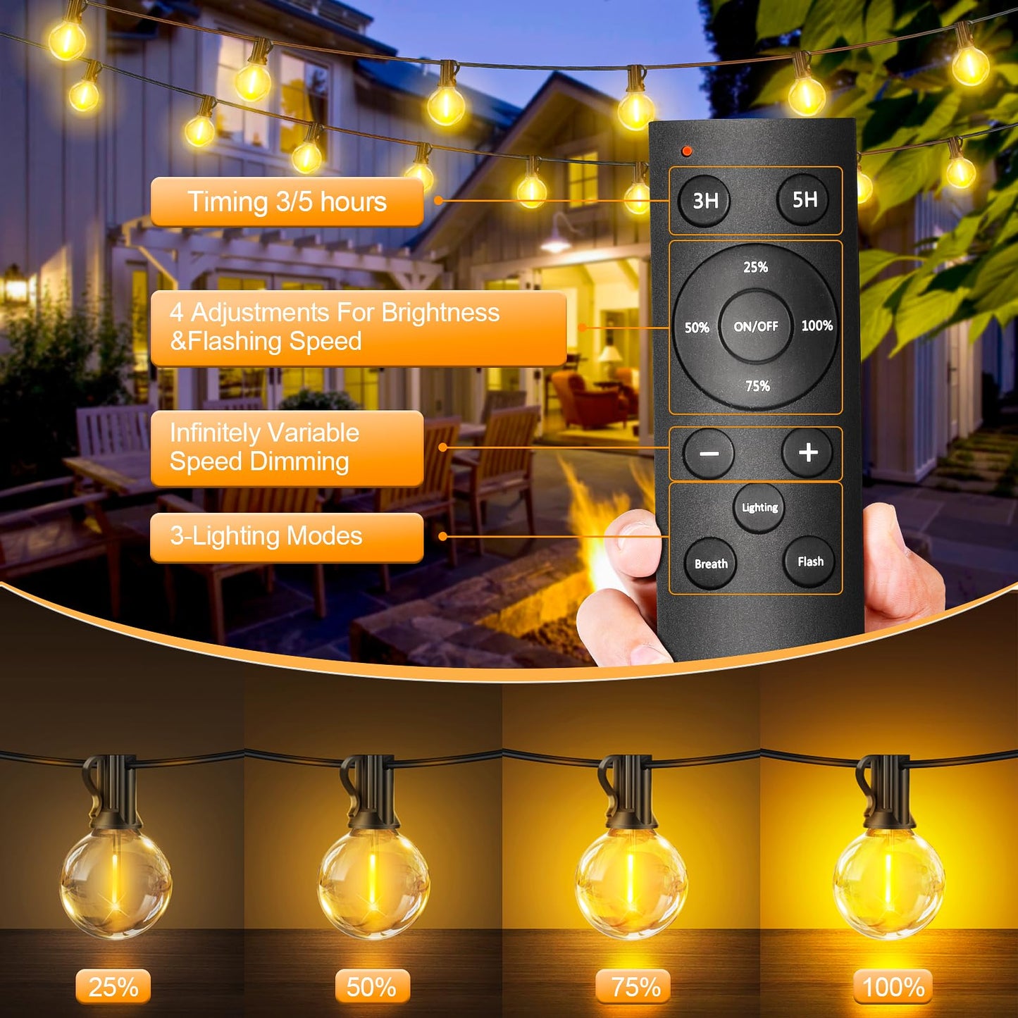 Outdoor String Lights Mains Powered - G40 Garden Festoon Lights 100FT/30M Dimmable with Remote Control Shatterproof LED Bulbs 3 Modes & 2 Timer Settings Waterproof for Outdoor Patio Gazebo Pergola