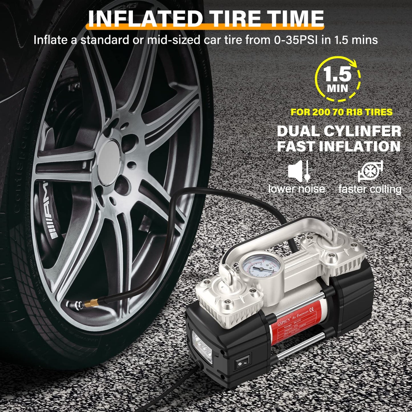 GSPSCN Portable Air Compressor Pump Dual Cylinder Heavy Duty Tire Inflator with LED Light,150 PSI 12V Air Pump with Tire Repair Kit and Toolbox for Auto,SUV,Truck tires etc Silver