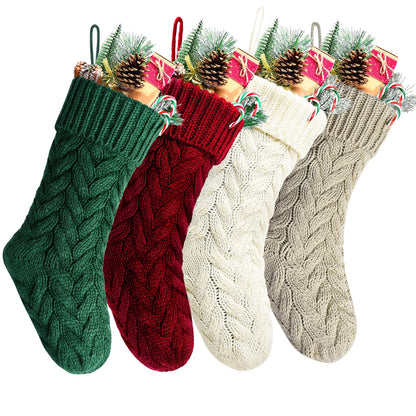 Kunyida Christmas Stockings, 18 Inch Burgundy, Ivory, Green and Khaki Cable Knitted Stocking for Xmas Holiday Decoration, 8 Pack