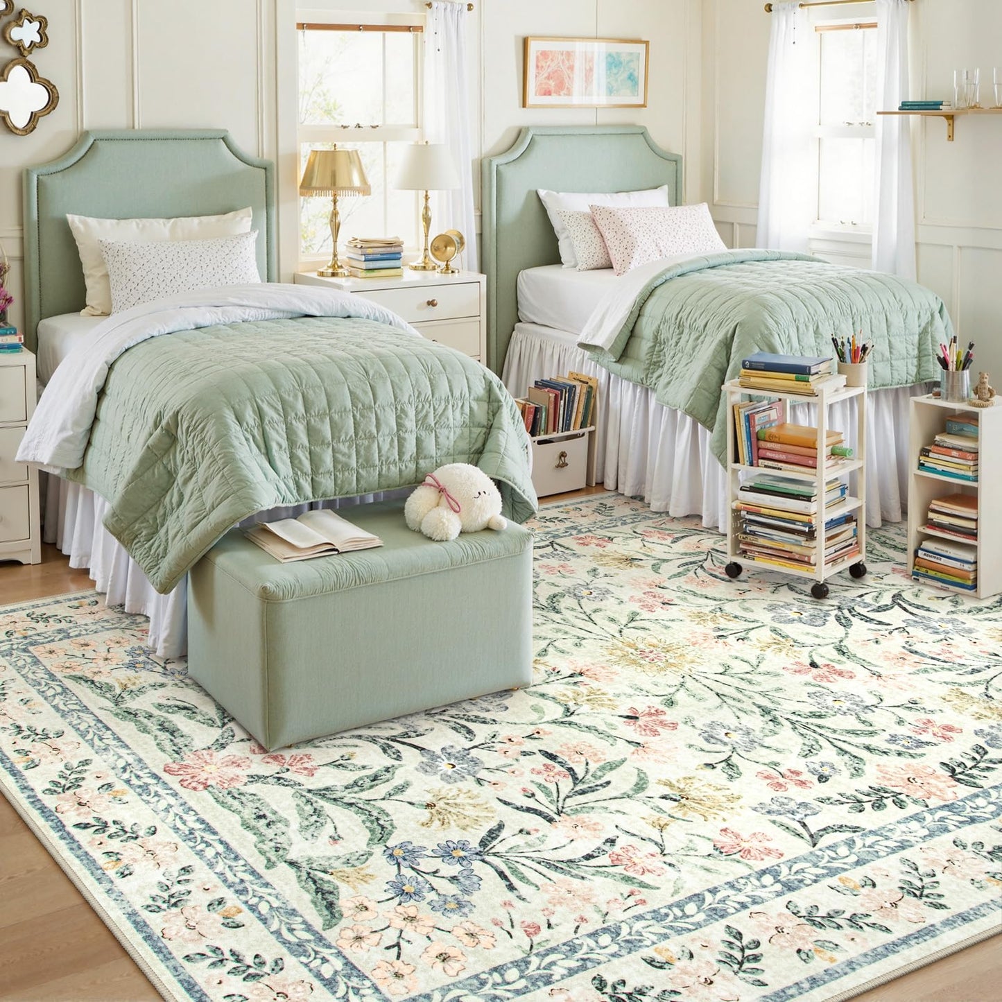 Lahome Sylvie Boho Rugs for Living Room, Washable Large 8 x 10 Area Rugs for Bedroom Non Slip, Soft Ultra-Thin Distressed Floral Throw Carpet for Office Dining Room, Cream/Multi
