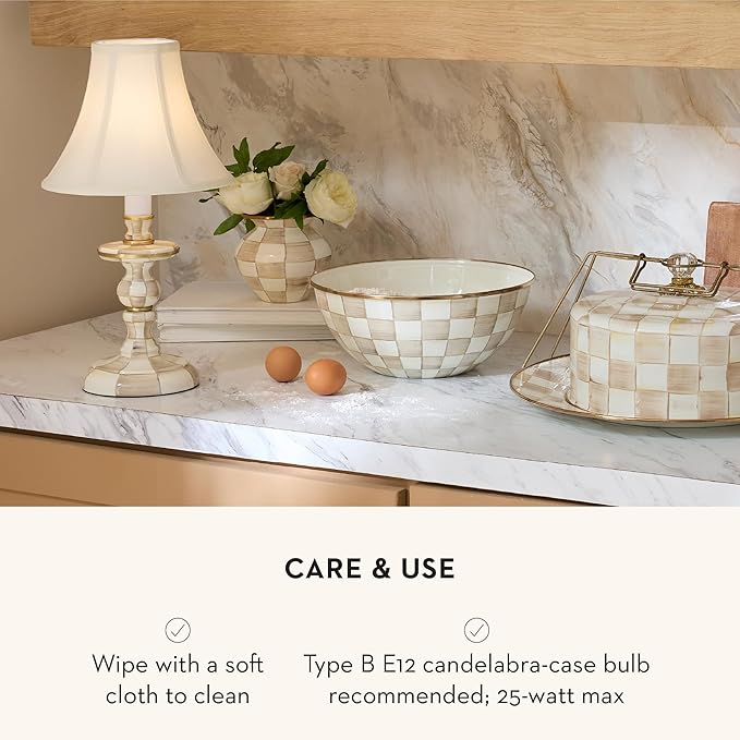 MACKENZIE-CHILDS Candlestick Lamp, Decorative Living Room and Bedroom Lamp, Brown-and-White Mocha Check