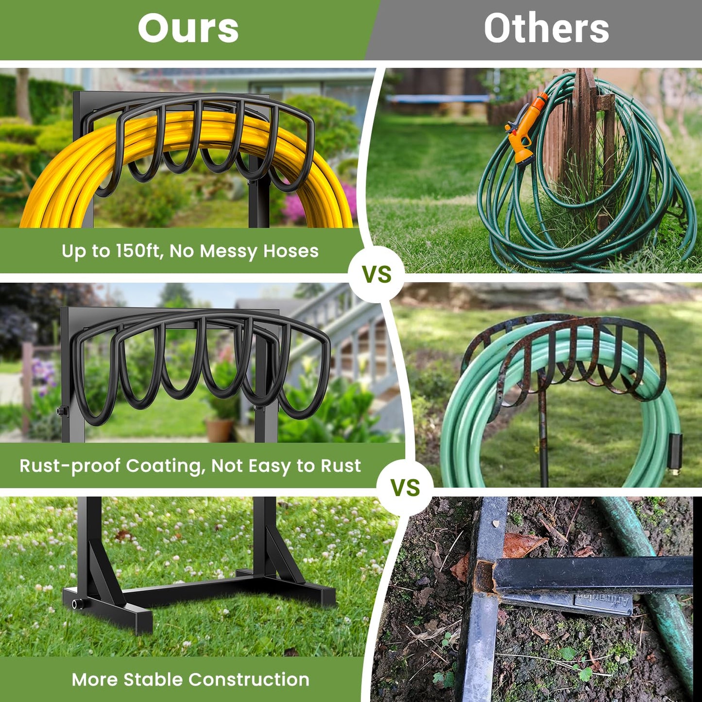 Pattiumo Garden Hose Holder with 4 Spikes, Water Hose Holders for Outside, 150ft Garden Hose Storage Heavy Duty Hose Hanger Metal Hose Stand Detachable Hose Reel Rack Organizer