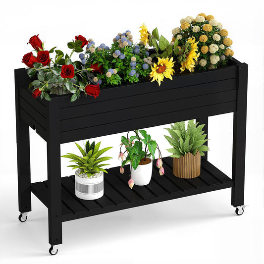 PatioZen Raised Garden Bed with Legs, 33.66" Tall Self-Watering Resin Planter Box with Lockable Wheels Drainage Plug and Gauge for Vegetables, Flowers, Storage Shelf for Tools and Accessories (Black)