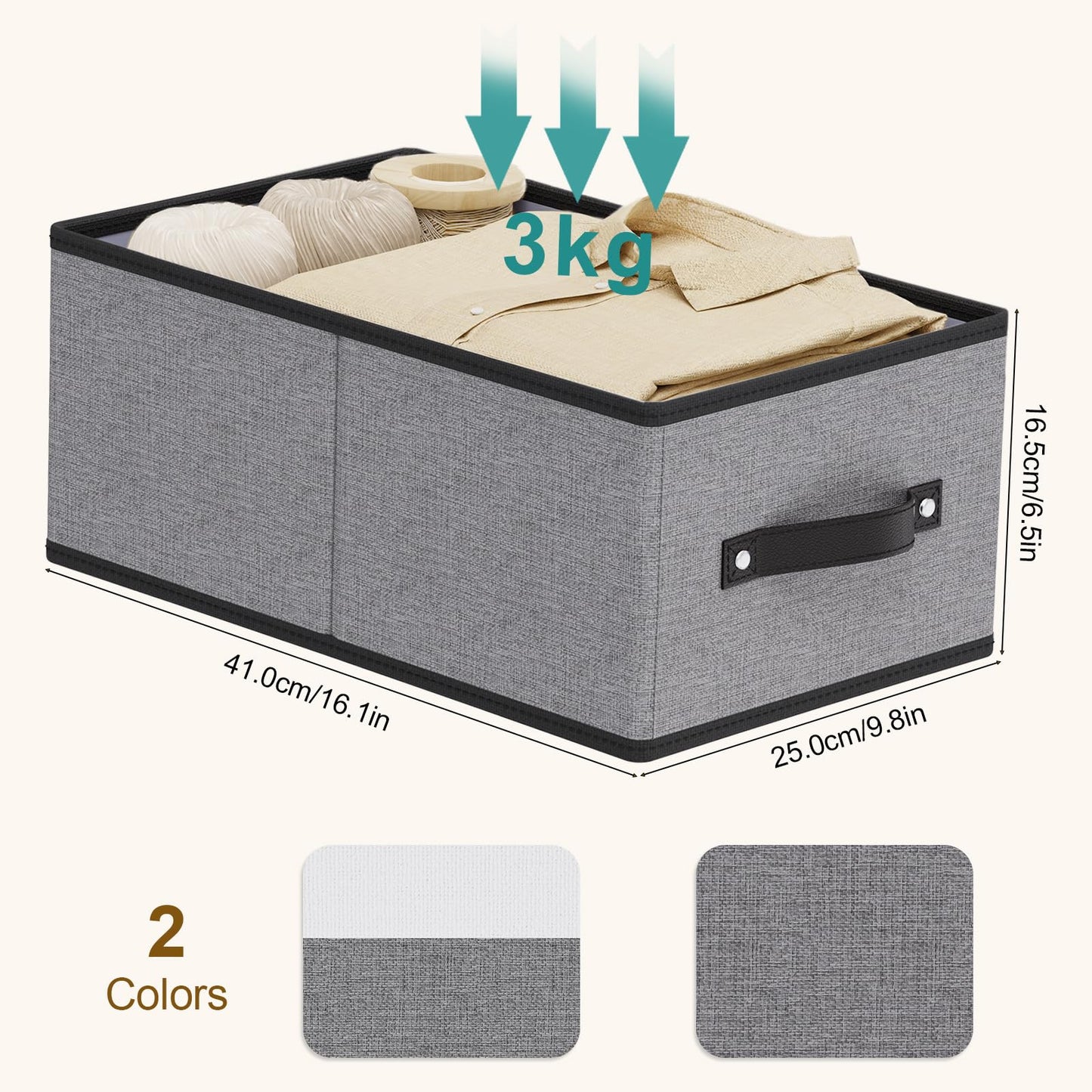 YheenLf Collapsible Storage Boxes, Open Foldable Baskets for Organizing with Handles, Fabric Containers Cubes for Wardrobe, Closet, Gray, 41×25×16.5 cm, 2-Pack
