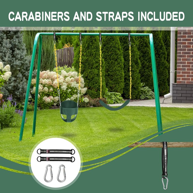 Toddler Swing Seat with Coated Chains, Heavy Duty Kids High Back Bucket Swings with Tree Straps and Hooks for Outdoor, Playground, Backyard, Swing Set Accessories by Domaker, Green