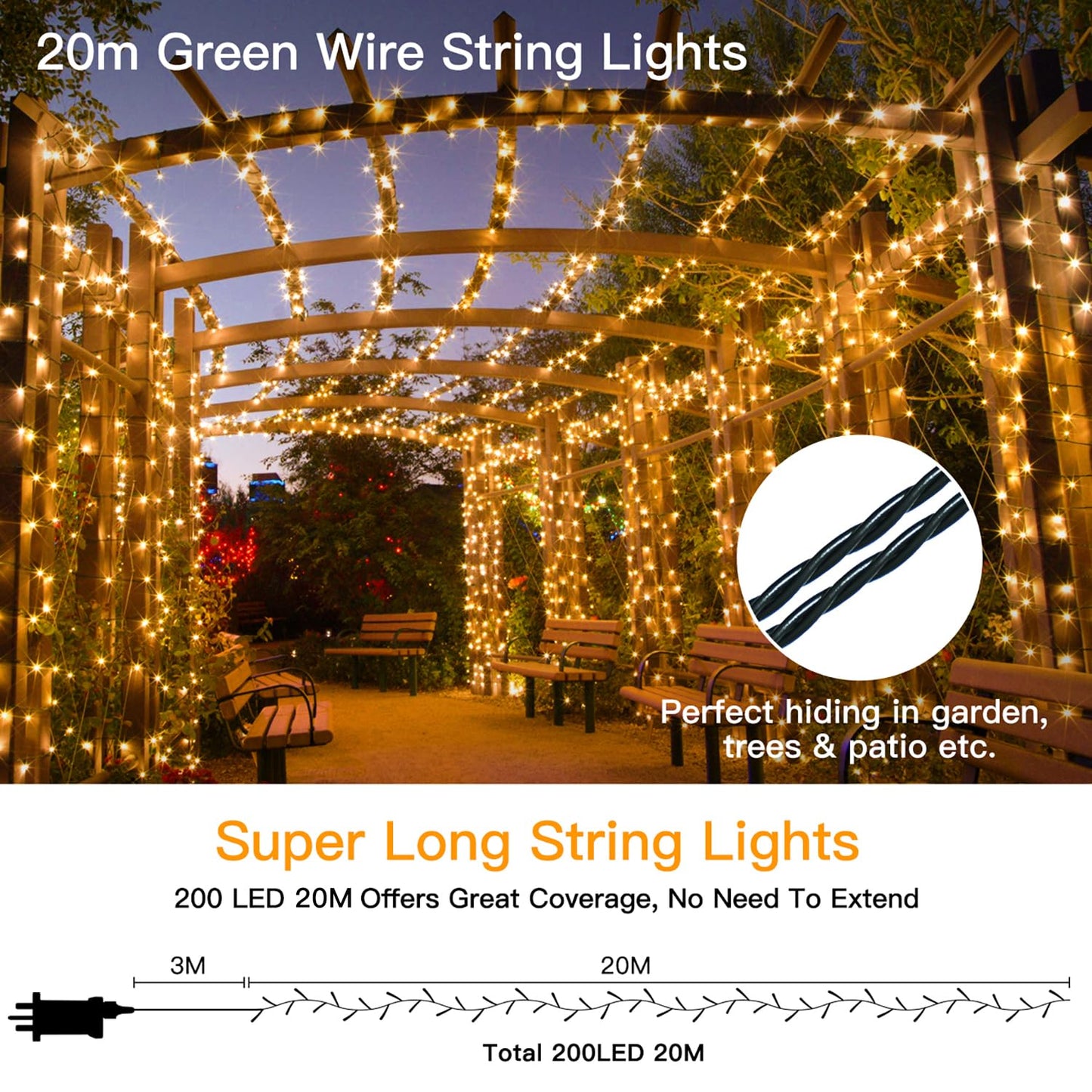 Ollny 20m 200 LED Outdoor Fairy Lights Mains Powered, Warm White Waterproof String Light with Plug/Remote/Modes/Timer, Bright Lighting Outside Indoor Garden Party Wedding Decorations