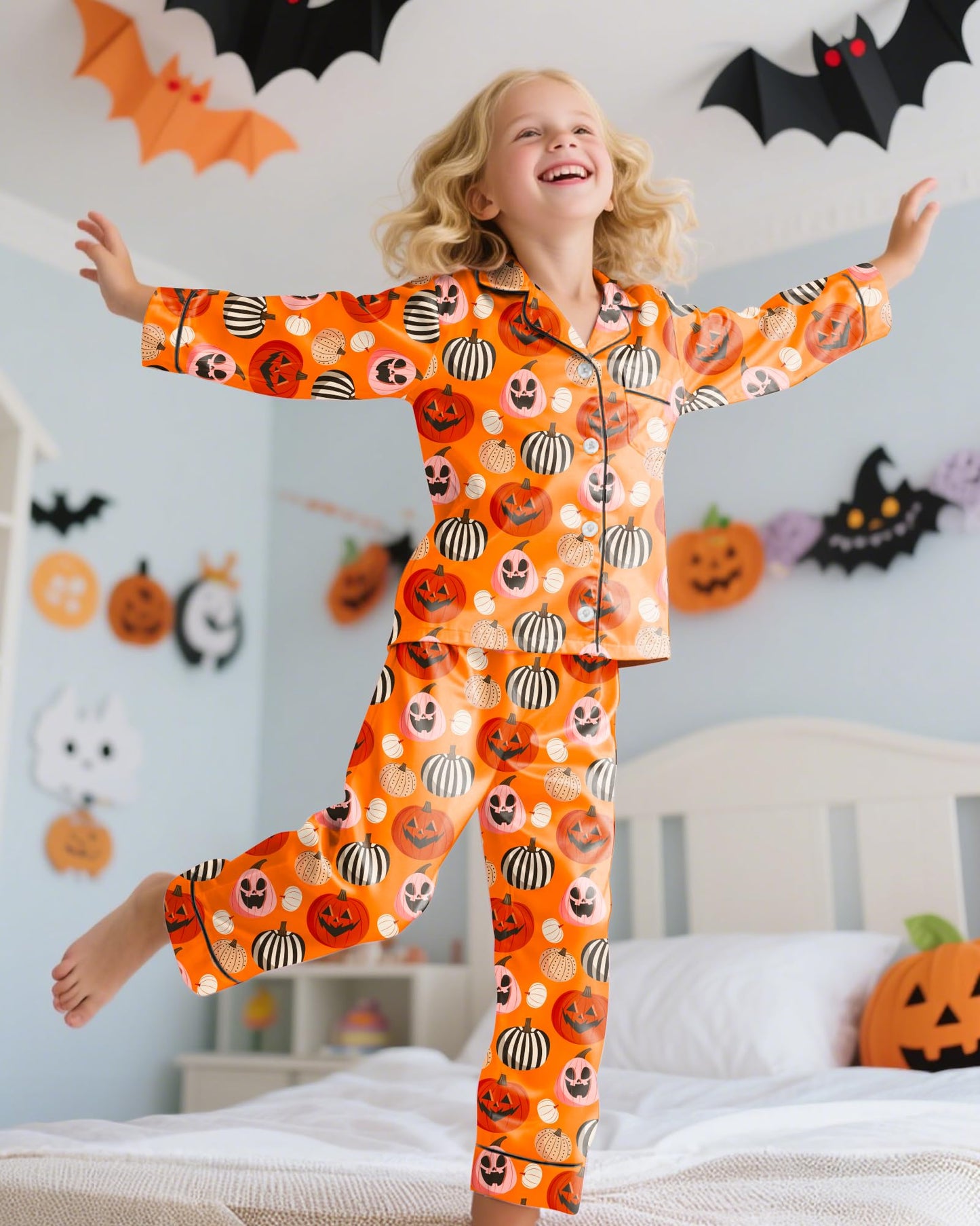 Sylfairy Girls Halloween Pajamas Silk PJS Set Pumpkin Satin Sleepwear Short Sleeve Jammies for Kids Button-Down Nightwear Scary Halloween Pumpkin Costume Size 7 Size 8 Size 7-8