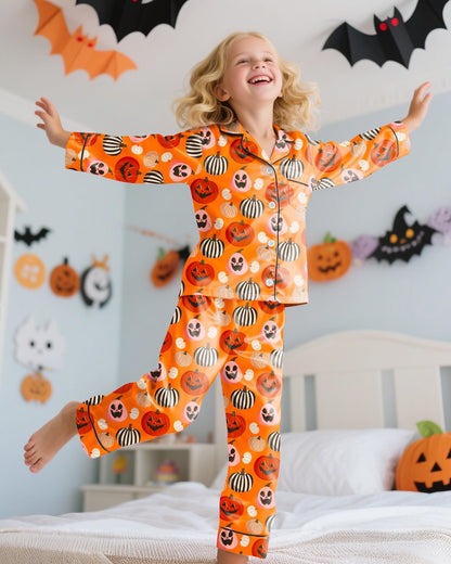 Sylfairy Girls Halloween Pajamas Silk PJS Set Pumpkin Satin Sleepwear Short Sleeve Jammies for Kids Button-Down Nightwear Scary Halloween Pumpkin Costume Size 7 Size 8 Size 7-8