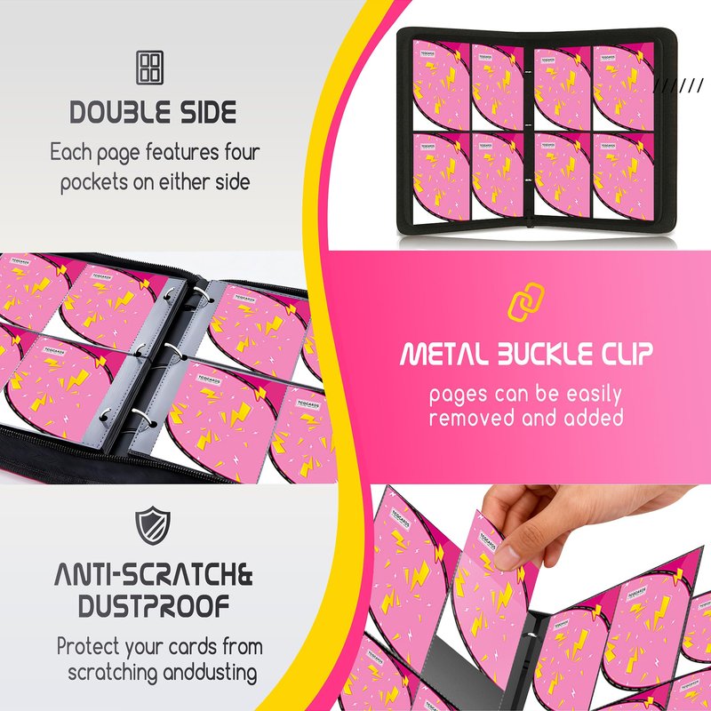 Trading Card Binder 4 Pocket,400 Pocket Card Collection Binder with 50 Removable Sleeves,PU Waterproof Top Card Book,3-Ring Zipper Collectible Trading Card Album for MTG/TCG/Card Holder Gift（Pink）
