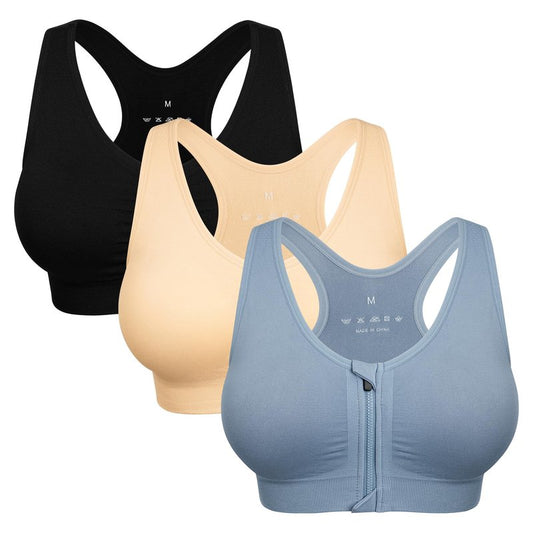 Racerack Women's Zip Front Sports Bra - Wireless, Padded, Post-Surgical Bra with Front Closure - 3 Pack (XX-Large, Black+Flesh+Light Blue)