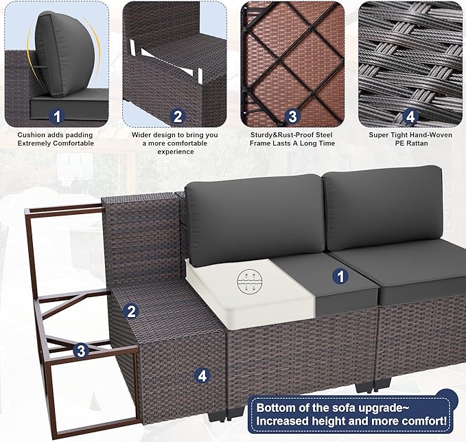 Kurapika 14 Pieces Patio Furniture Set, Rattan Wicker Outdoor Conversation Sets w/4 Inch Cushion and Glass Coffee Table(Grey)