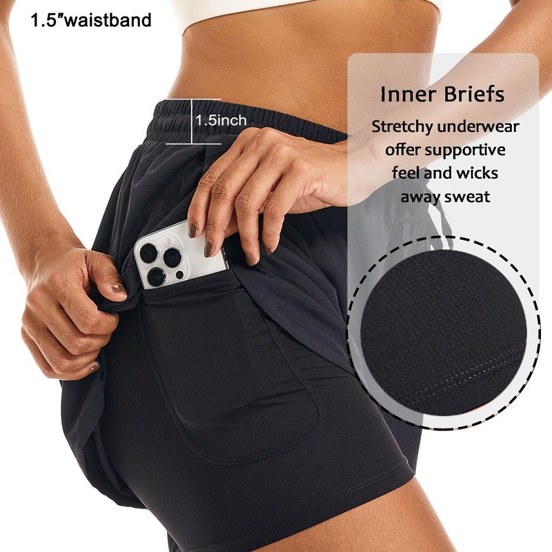 APWKL Women's 2 in 1 Athletic Running Shorts Quick Dry Workout Casual Gym Sweat Shorts Mesh Comfy Liner Zipper Pockets(Black,M)