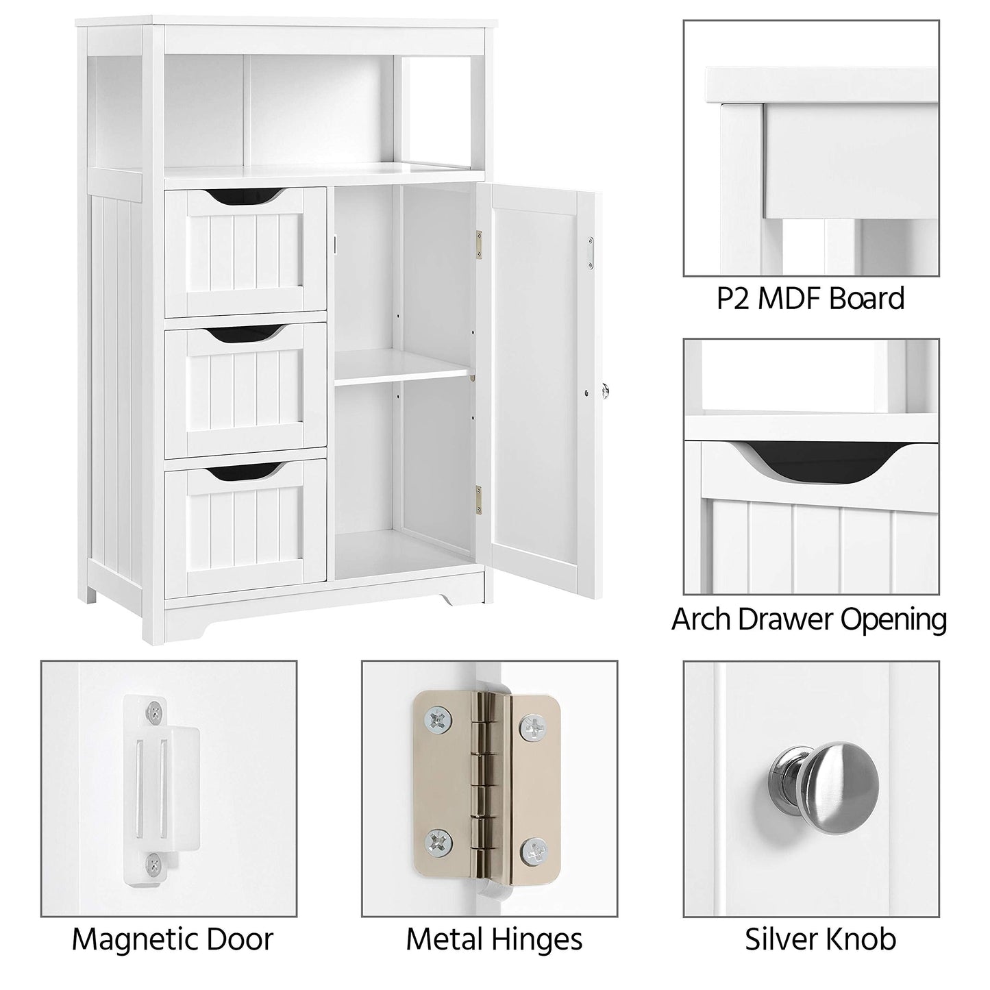 Yaheetech Bathroom Storage Units with Open Storage Shelf Free-standing Floor Cabinets Sideboard with 3 Drawers and 1 Door, Adjustable Shelf for Living Room Kitchen Entryway White
