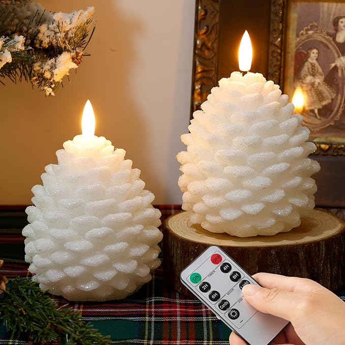 Christmas White Pinecone Candles Flameless with Remote, Real Wax Battery Operated Pine Cone Candle,Flickering LED Candles for Xmas Decoraction Party Holiday Gift, 2 Pack