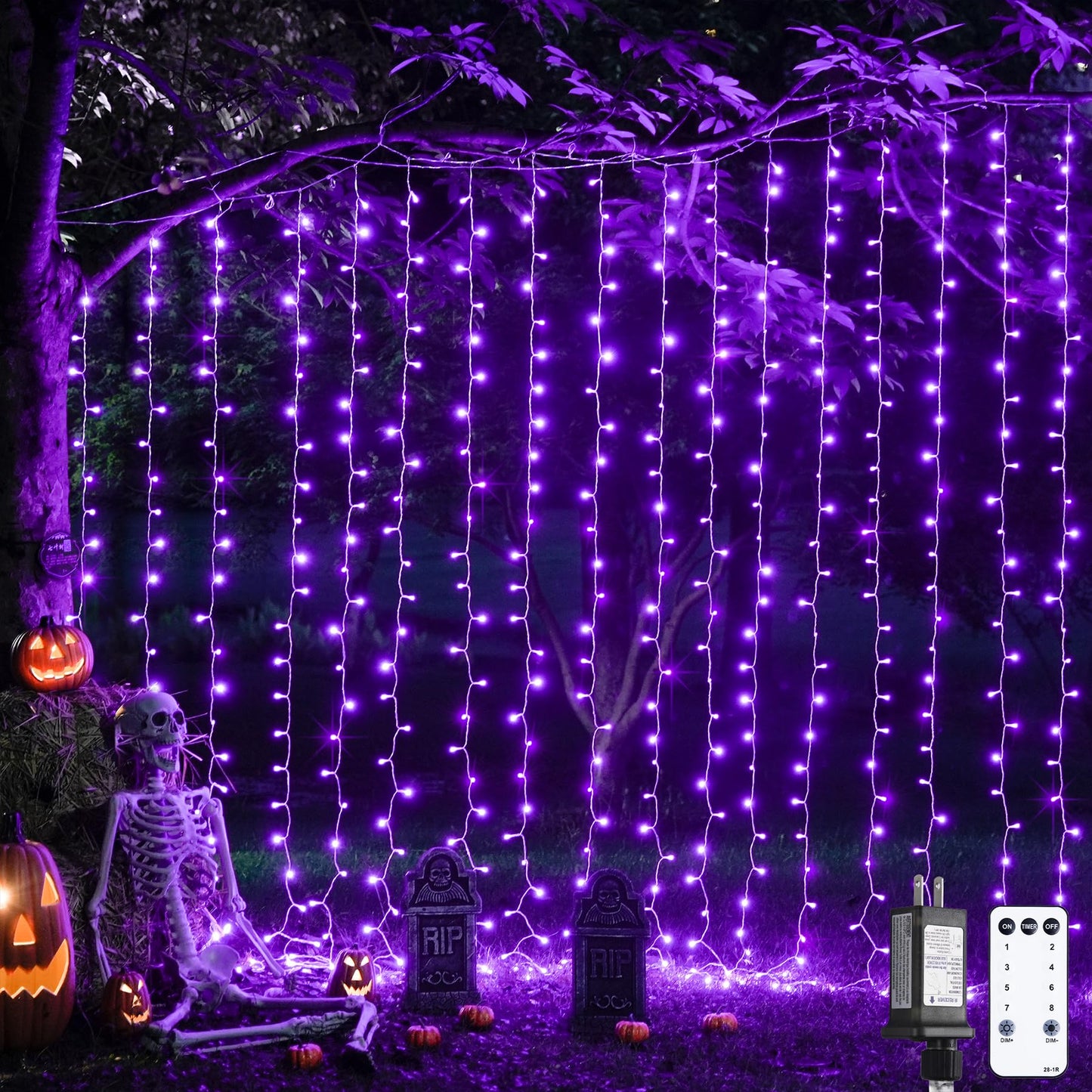 JMEXSUSS 300LED Purple Halloween Lights with Remote, Curtain Hanging Light Plug in, 8 Modes Purple String Lights for Bedroom Window Wall Party Backdrop Christmas Halloween Decorations