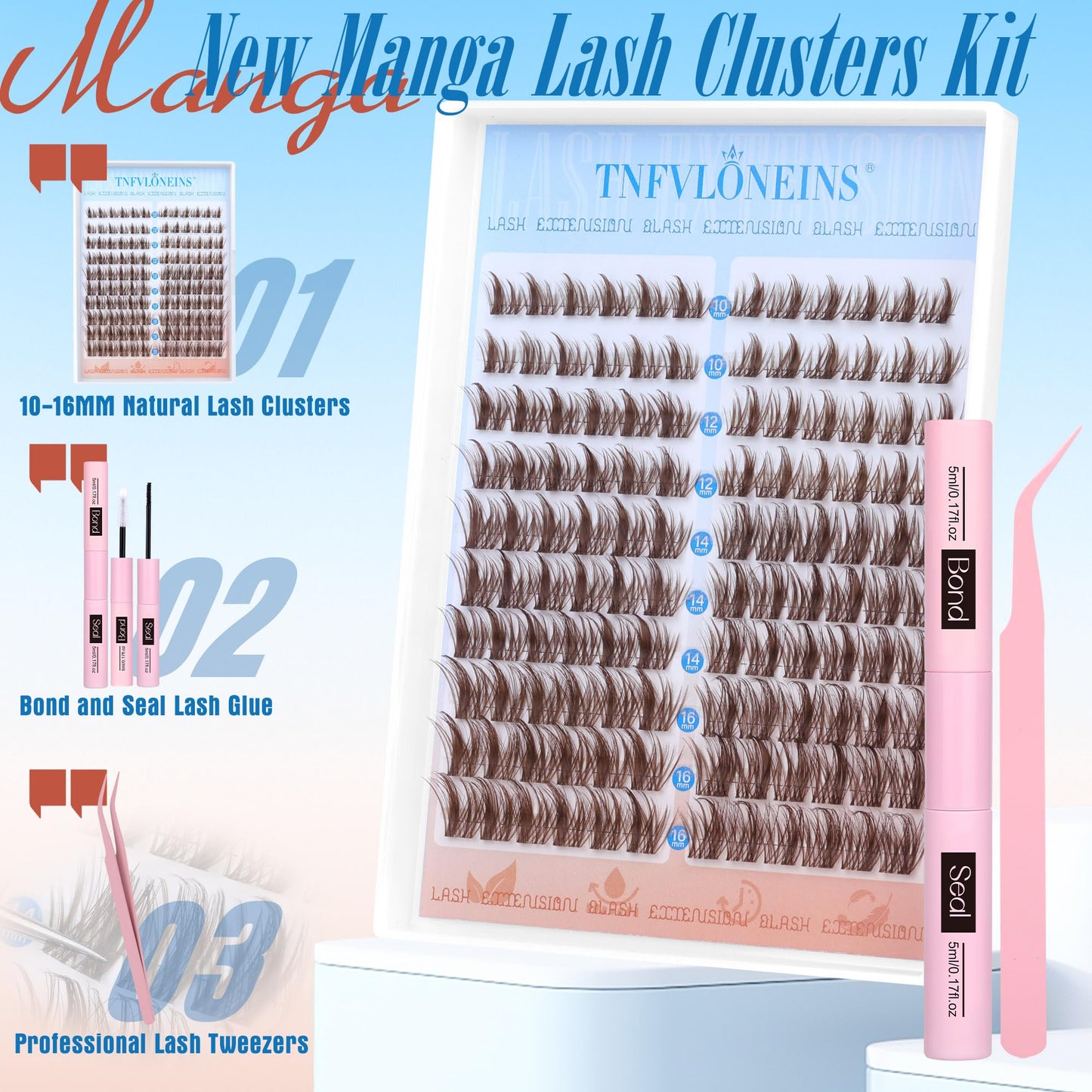 Brown Lash Clusters Kit Manga Lash Extension Kit Natural Eyelash Clusters Wispy 10-16MM Individual Lashes Clusters Anime Eyelash Extension Kit with Bond and Seal and Tweezers by TNFVLONEINS