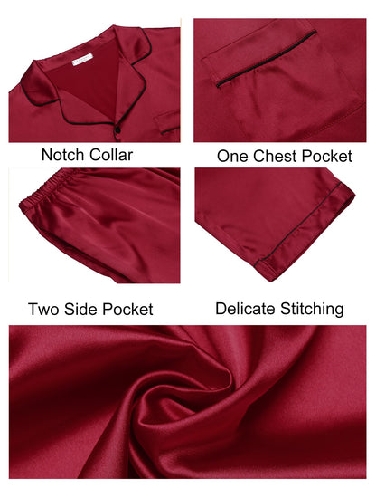 Ekouaer Couples Matching Pajamas Silk Long Sleeve Sleepwear Satin Soft Button Down Loungewear Pjs Set,Red,XXL