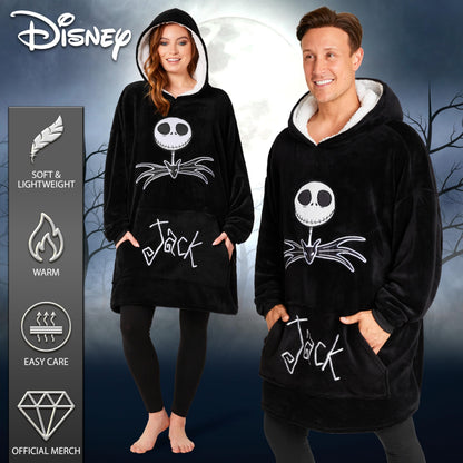 Disney Fleece Hoodie for Adults and Teenagers Oversized Hooded Poncho One Size - Stitch Gifts (Black Jack Skellington)