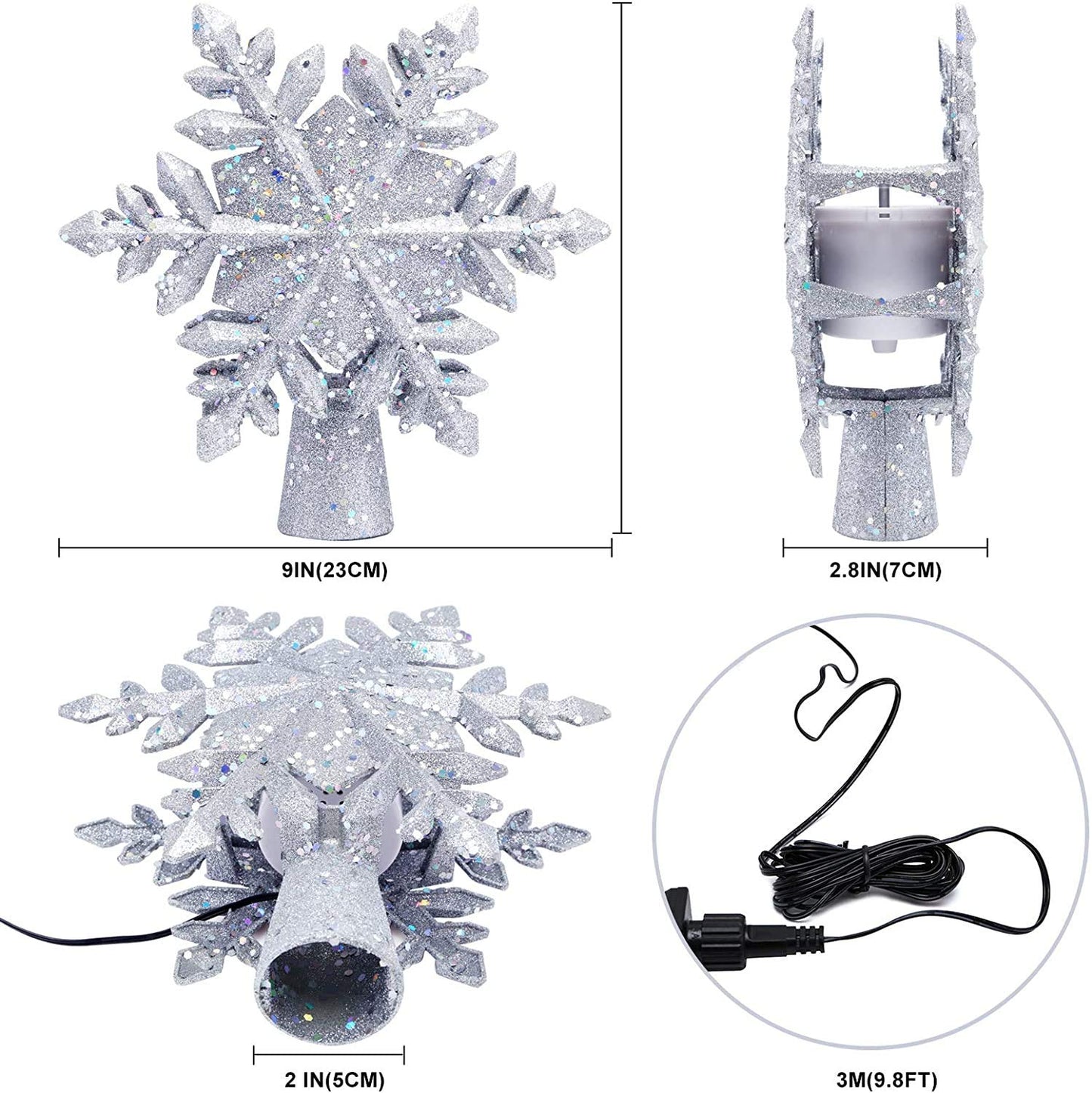 Christmas Tree Topper Lighted with White Snowflake Projector, LED Rotating Snowflake, 3D Glitter Lighted Sliver Snow Tree Topper for Christmas Tree Decorations
