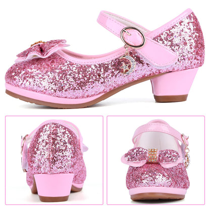 KUWIBY Girl Sandals Glitter Princess Shoes Sequin Party Shoes Bling Bowknot High Heels Wedding Birthday Dress Comfort Bright Diamond Cosplay Dance for Little Girls Christmas Pink