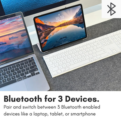Macally Wireless Bluetooth Keyboard for Mac - Compatible Apple Keyboard or MacBook Pro/Air, iMac - Multi-Device, Up to 3 Devices with 110 Keys, 20 Shortcuts, Numeric Keypad, and Rechargeable - Silver