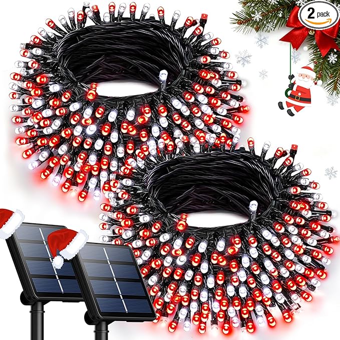 OZS 2PK 240LED 95FT Solar String Lights Outdoor Waterproof | Solar Christmas Tree Lights with 8 Lighting Modes Solar Light Outdoor for Xmas Party Garden Tree Christmas Decorations (Red&Cool White)