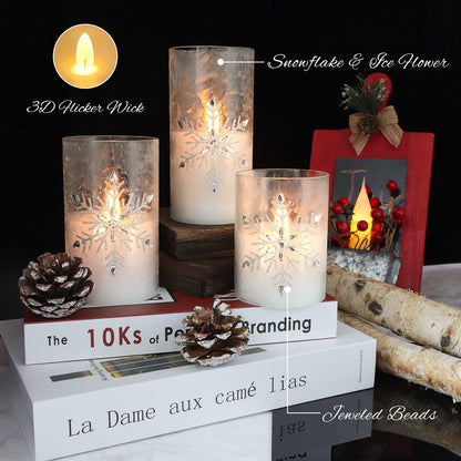 Crystal Club Christmas Flameless Candles, Battery Powered LED Real Wax Candles, Holiday Glass Flickering Candles with Beads and Snowflake Design for Xmas Tree, Home Mantel, Bedroom Decor, Set of 3