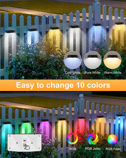 Brightown Solar Fence Lights Outdoor - 6 Pack Solar Deck Light with Warm White, Cool White, 7 RGB Color, Fade/Jump Modes, Solar Lights Outdoor Waterproof for Outside Yard Step