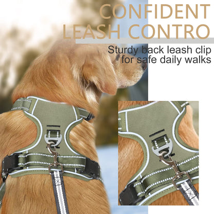 HEELE Dog Harness, No Pull Large, Release on Neck, Front Back Clips Dog Vest Harness Reflective Adjustable Padded, Easy Control Handle for Outdoor Walking Training, Green, L