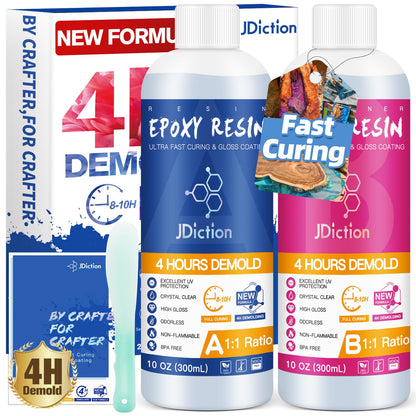 JDiction Fast Cure Epoxy Resin, 20OZ 4 Hours Demold Epoxy Resin Kit - Crystal Clear, Bubble-Free, Not-Yellowing, Self-Leveling for Art Resina, Jewelry, Craft, Fast Casting & Easy Mix Epoxy Resina