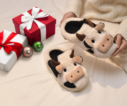 Boonble Fuzzy Cow Slippers for Women Men Adults, Fluffy Plush and Cozy House Shoes for Indoor Outdoor Bedroom, Warm Furry Cotton Slipper Open Heel for Winter Spring Fall 5.5-6.5