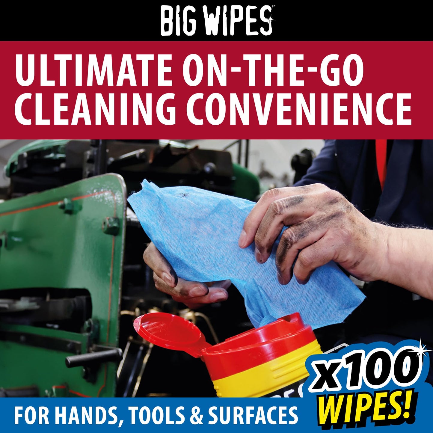 Big Wipes Heavy Duty Pro+ Hand Wipes x100 - Dispenser Tub | Removes Paint, Oil, PU Foam & Adhesives. Aloe Vera & Vitamin E Enriched, Dual-Sided Trade Wipes, Skin Safe, Tear Resistant