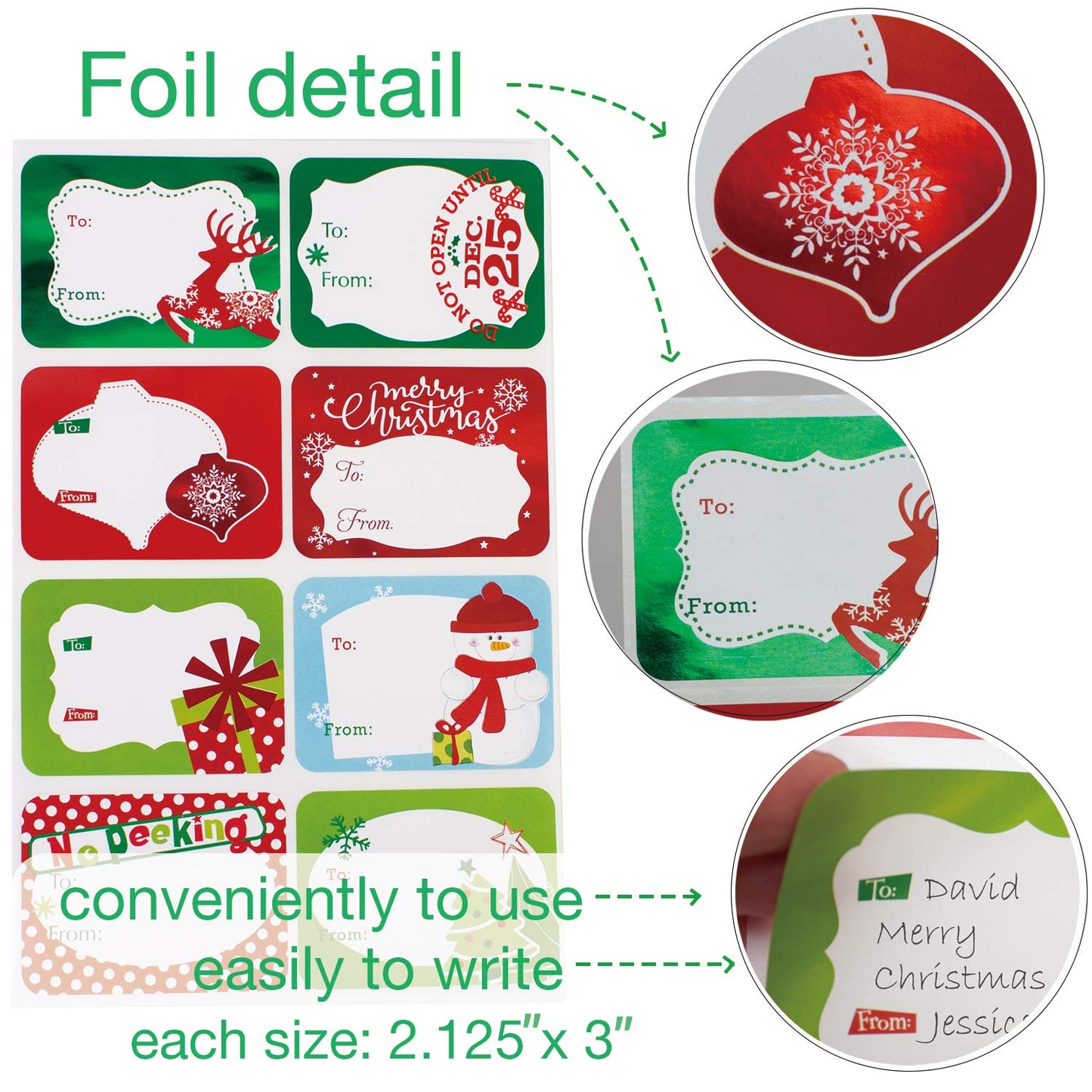 80-Count Foil Christmas Tag Stickers, 8 Jumbo Designs - Xmas to from Christmas Name Tags Write On Labels - Holiday Present Gift Labels