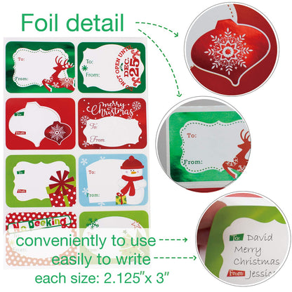 80-Count Foil Christmas Tag Stickers, 8 Jumbo Designs - Xmas to from Christmas Name Tags Write On Labels - Holiday Present Gift Labels