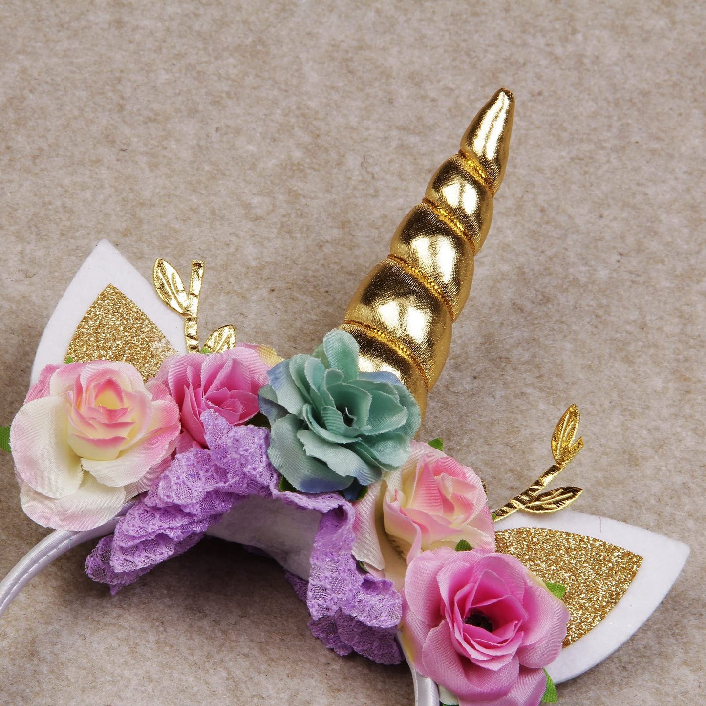 Nishine Unicorn Horn Floral Headband Glitter Ears Pony Head Bands Tiara for Girls Party Birthday Cosplay (Gold&Mint)