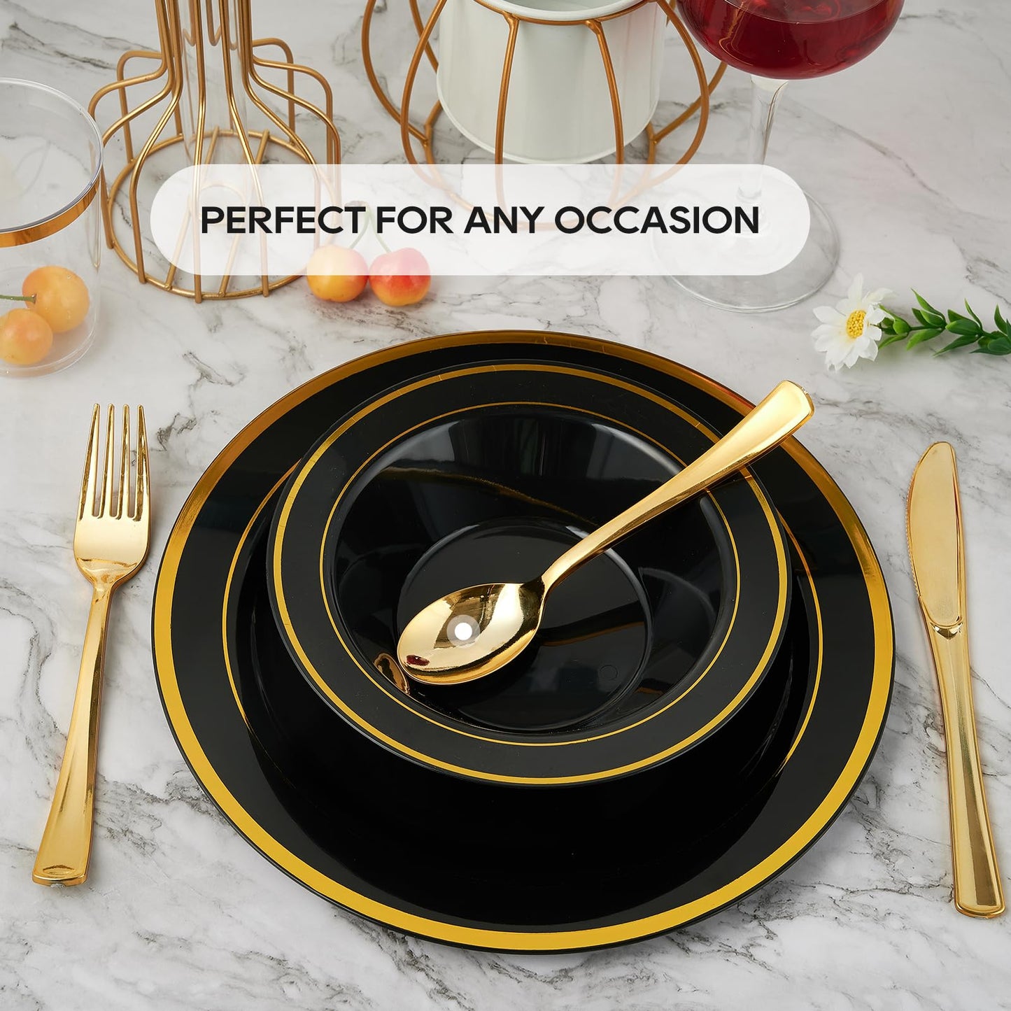 JOLLY PARTY 50PCS Black Plastic Bowls with Gold Rim-12oz, Christmas Thanksgiving Premium Disposable Soup Dessert Salad Bowls for Wedding/Party/Halloween