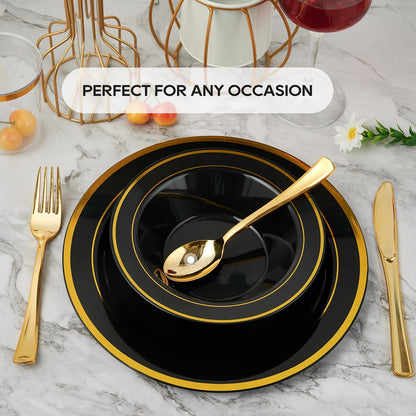 JOLLY PARTY 50PCS Black Plastic Bowls with Gold Rim-12oz, Christmas Thanksgiving Premium Disposable Soup Dessert Salad Bowls for Wedding/Party/Halloween