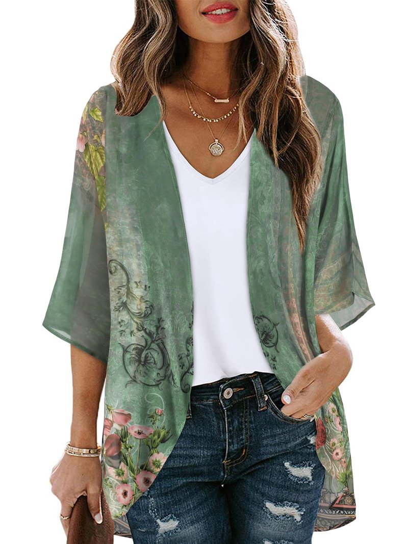 Women's Floral Print Puff Sleeve Kimono Cardigan Loose Cover Up Casual Blouse Tops(Army Green Floral,3XL)