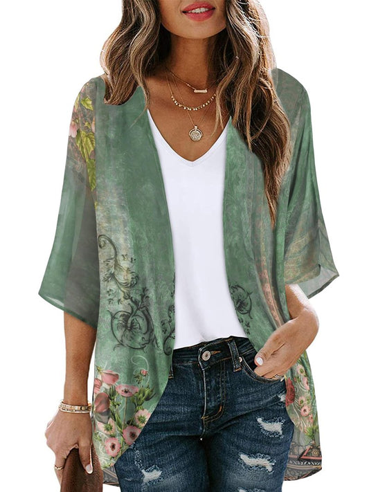 Women's Floral Print Puff Sleeve Kimono Cardigan Loose Cover Up Casual Blouse Tops(Army Green Floral,3XL)