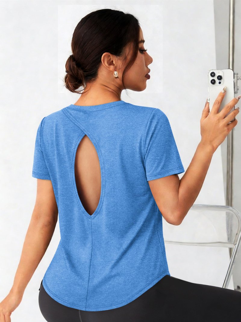 Alaroo Gym Tops for Women Open Back Short Sleeve Workout Shirts Athletic Yoga Pilates Outfits Summer Rash Guard Clothes Azure S