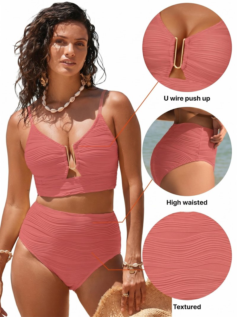 Herseas Women Two Pieces Textured Ruched Bikini Set Push Up V-Wired Cutout Bathing Suit 2026 High Waisted Spaghetti Straps Swim Suit Cute Beach Vacation Clothes for Teens Dusty Pink Small