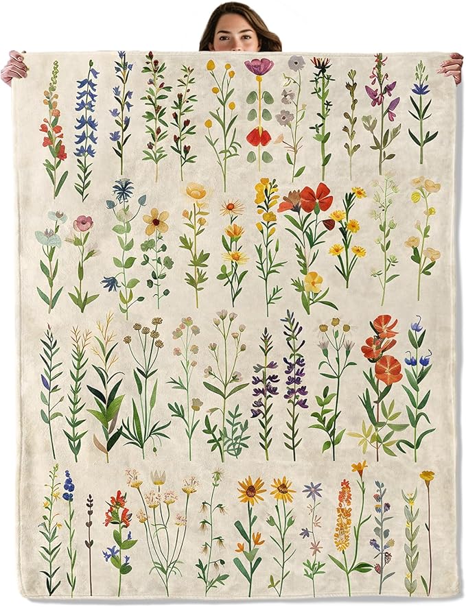 Wildflower Botanical Throw Blanket for Boys Girls Kids Adults Women, Fuzzy Warm Soft Cozy Flannel Blankets Gifts for Bedroom, Couch, Travel, Home Decor 50x60 in