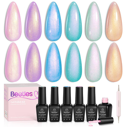 Beetles Cat Eye Gel Nail Polish Set, 6 Summer Colors Pastel Shimmer Glitter Gel Polish Kit Soak Off LED UV Curing Requires Pink Red Blue Orange Green Purple Velvet Gel with Magnet Gift for Women