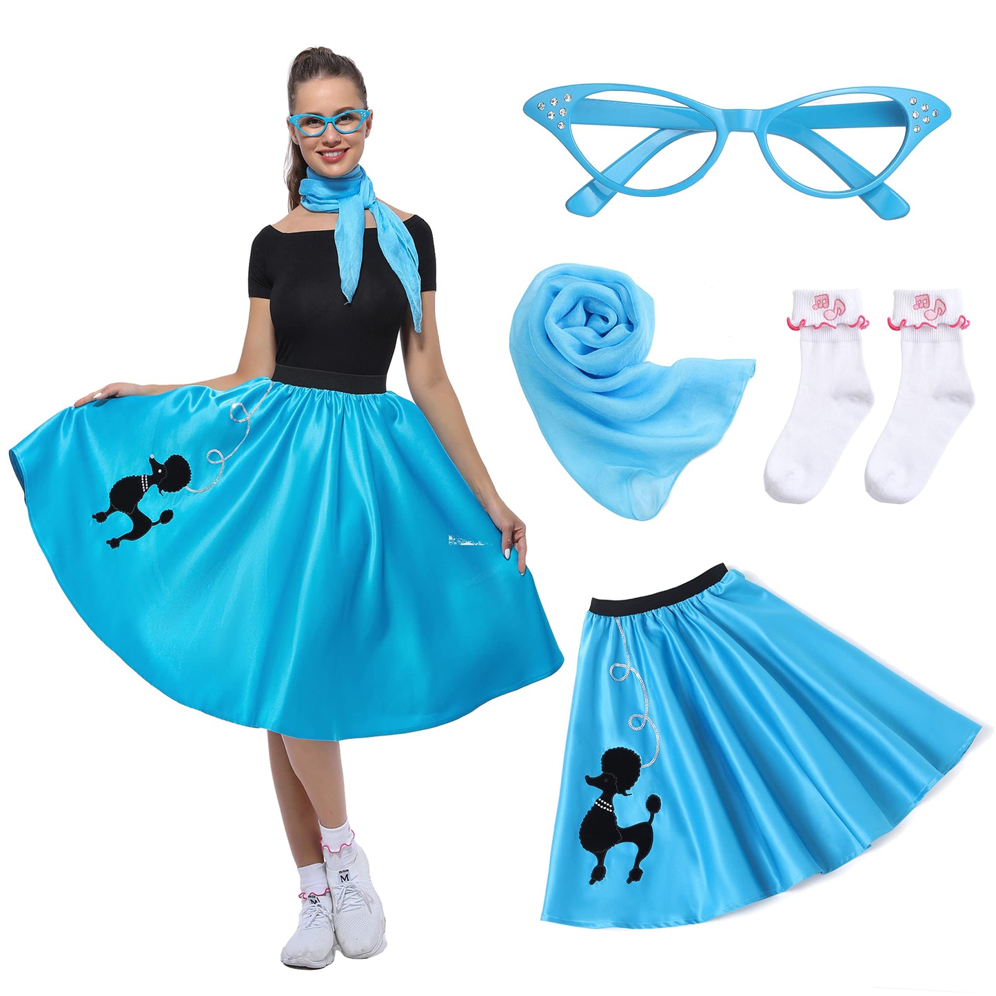 Rabtero Women Sock Hop Costume, Adult 1950s Poodle Dress Costume, 50's Poodle Skirt with Glasses, Scarf and Socks for Women 2-10, S/M, Blue