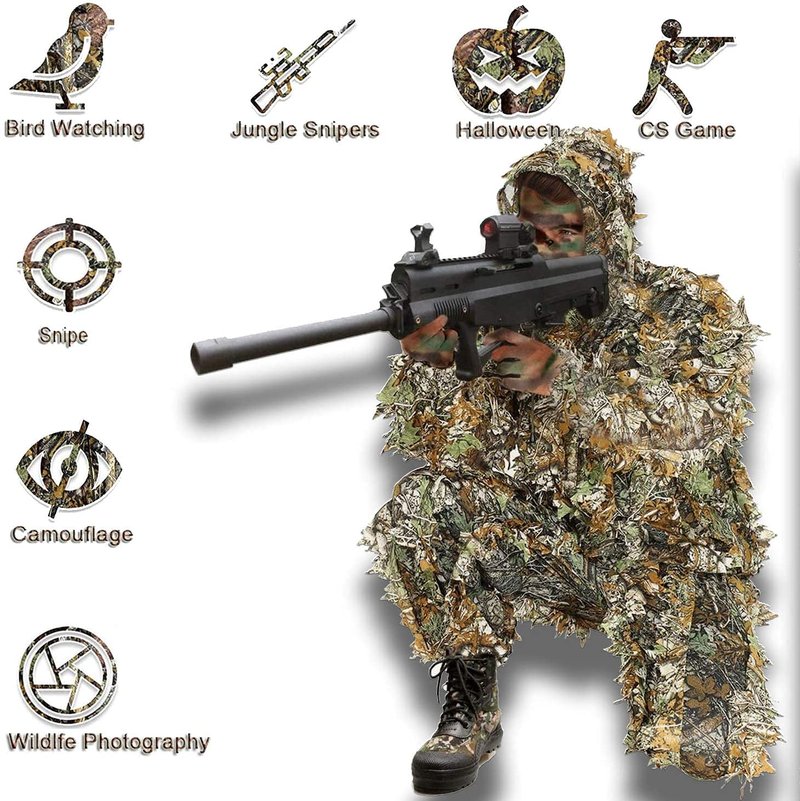 Monfasye Ghillie Suit, 3D Leafy Camo Hunting Suits Breathable Woodland Gillies Costume Jungle Clothing