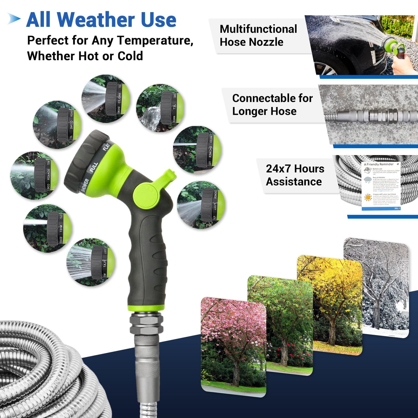 75 FT Stainless Steel Garden Hose – Heavy Duty 304 Metal Hose, 500+ PSI Burst Strength, No-Kink, Dog Bite & Puncture Resistant, Swivel-End Fittings, 8-Mode Nozzle for Large Gardens, Outdoor Use
