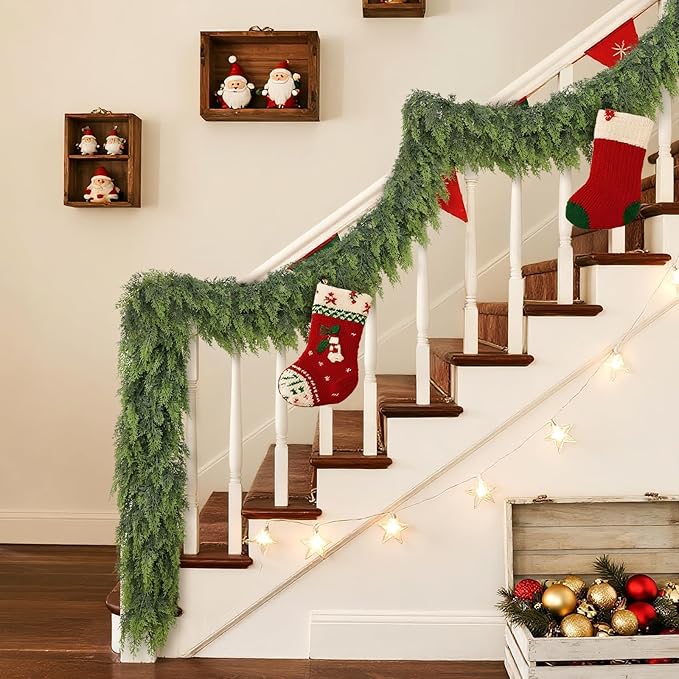 9FT Real Touch Cedar Garland for Fireplace - Artificial Christmas Garlands Realistic Faux Greenery Fake Pine Needles Garland for Holiday,Table, Window,Mantel,Stairs, Home,Indoor Outdoor Decor (1PCS)