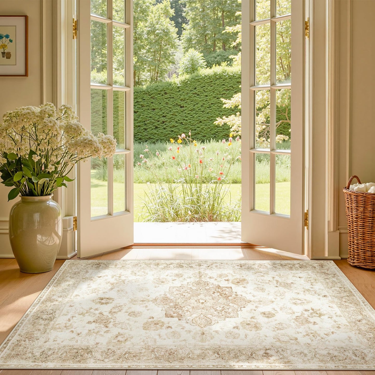 jinchan Washable Area Rug 3x5 Entryway Rug - Distressed Spring Floral Low-Pile Soft Non Slip Indoor Floor Carpet for Kitchen Bedroom Entrance Laundry Living Room(3x5ft,Tan)